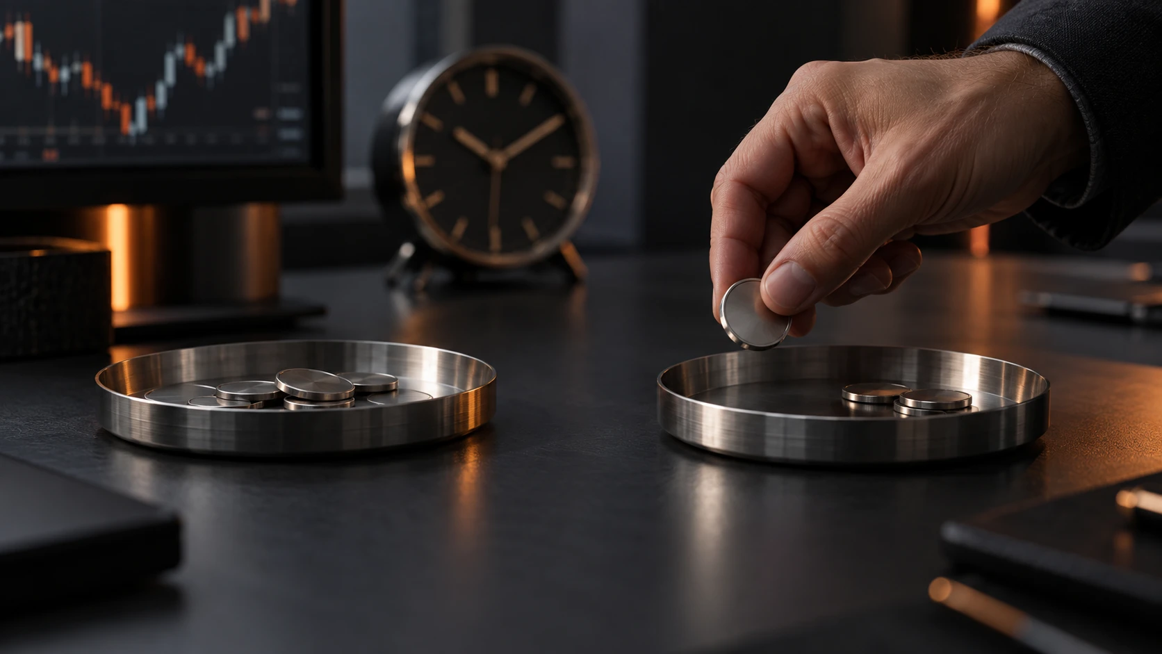 Ein Token wird zwischen zwei Metallschalen übertragen; im Hintergrund steht eine Uhr