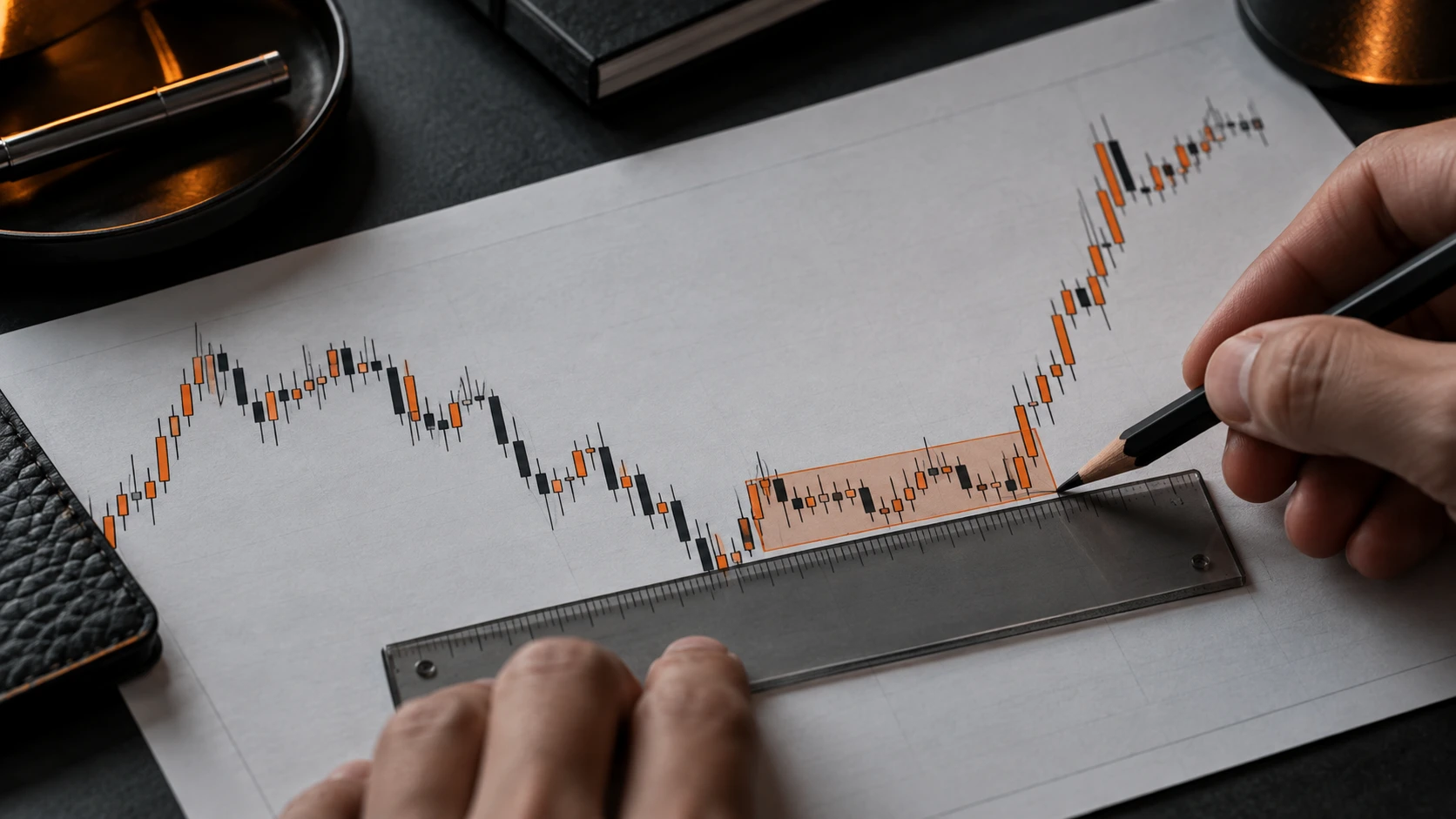 Eine Hand markiert eine Preiszone vor einer starken Kursbewegung auf einem gedruckten Chart