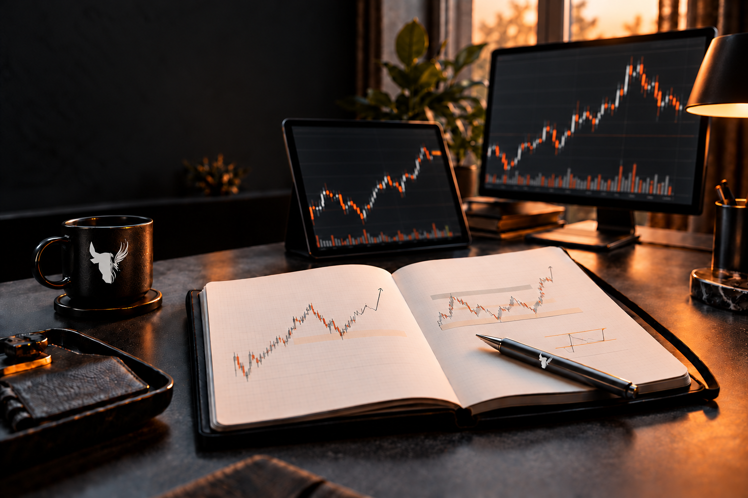 Eleganter Trading-Arbeitsplatz mit offenem Journal, Crypto-Charts sowie weißem CCM-Kopf-Logo auf Tasse und Kugelschreiber