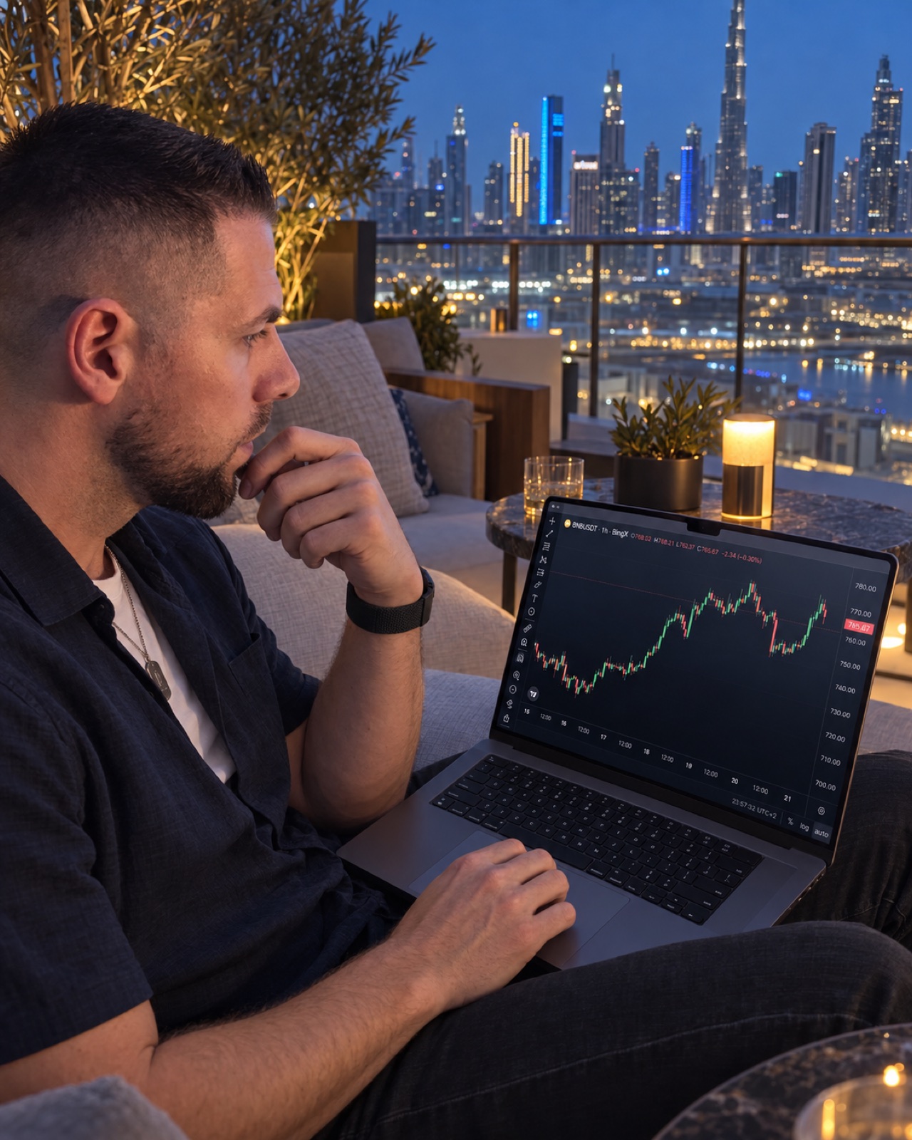 Markus Horch bei der Chartanalyse am Laptop mit Blick auf Dubai