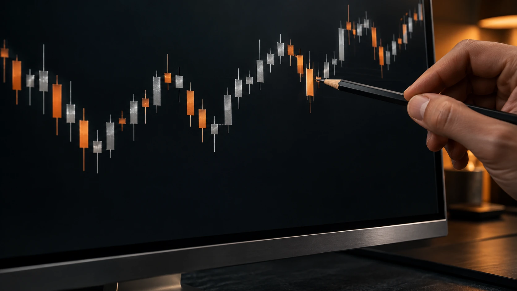 Nahaufnahme eines Candlestick-Charts: Ein Stift zeigt auf den Kerzenkörper