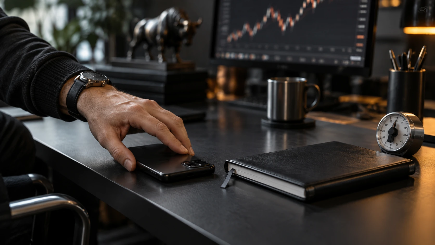 Hand legt das Smartphone für eine bewusste Handelspause ab