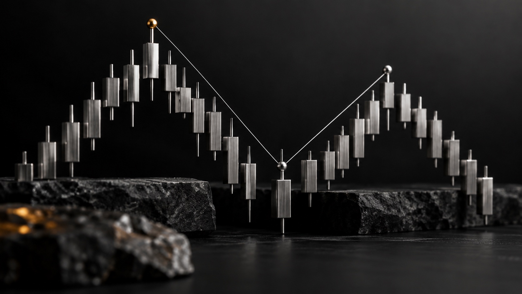 Symbolbild: Silberne Candlesticks zeigen Hochs und Tiefs einer Marktstruktur