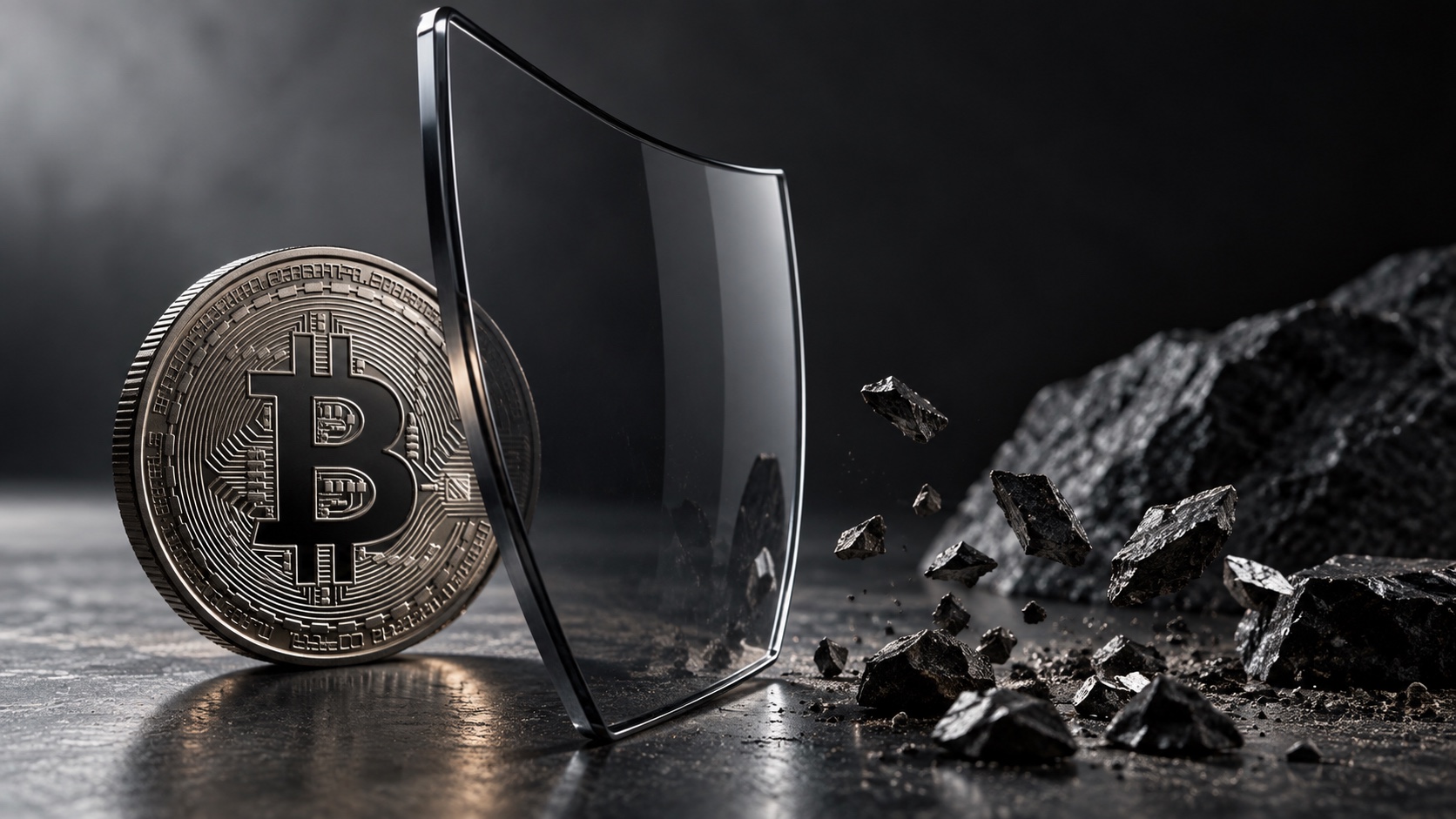 Symbolbild: Bitcoin hinter einem Schutzschild aus Rauchglas