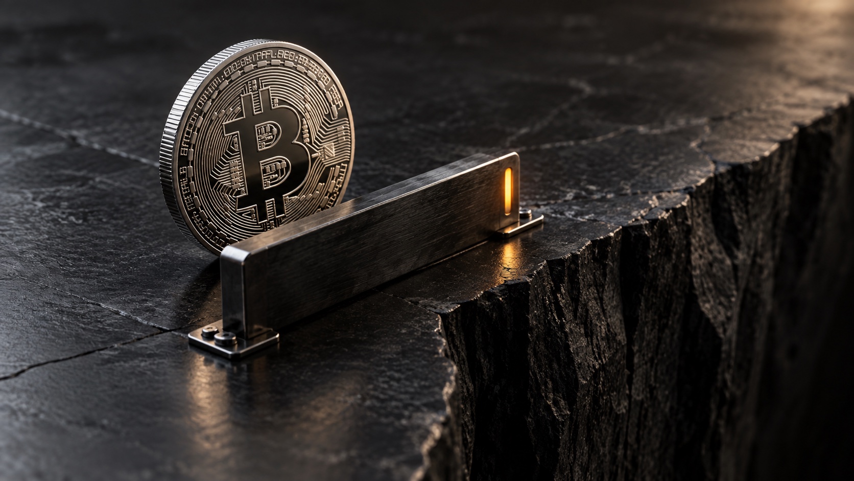 Symbolbild: Eine Metallbarriere begrenzt den Weg einer Bitcoin-Münze