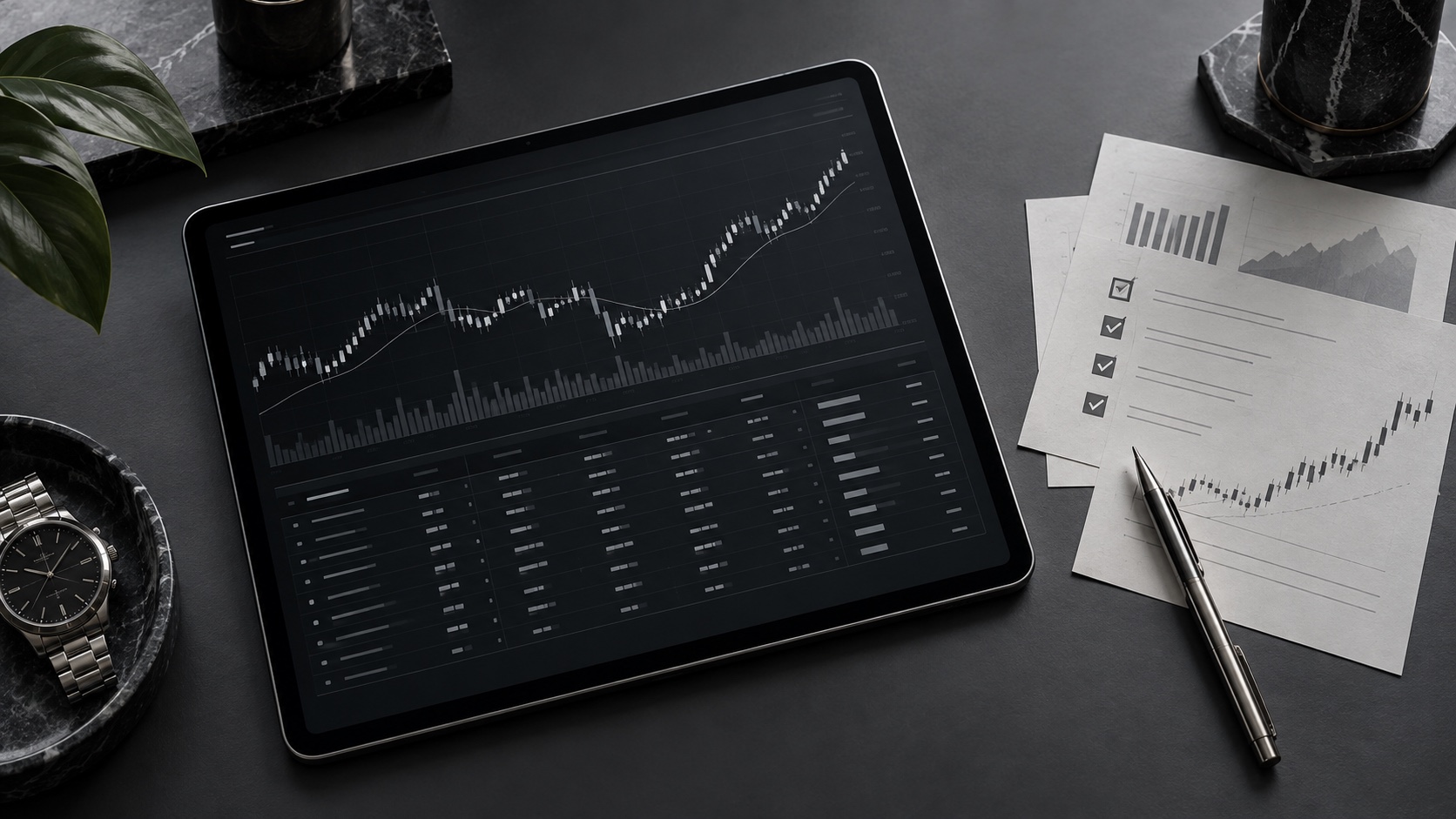 Symbolbild: Tablet mit Trade-Auswertung und Review-Unterlagen