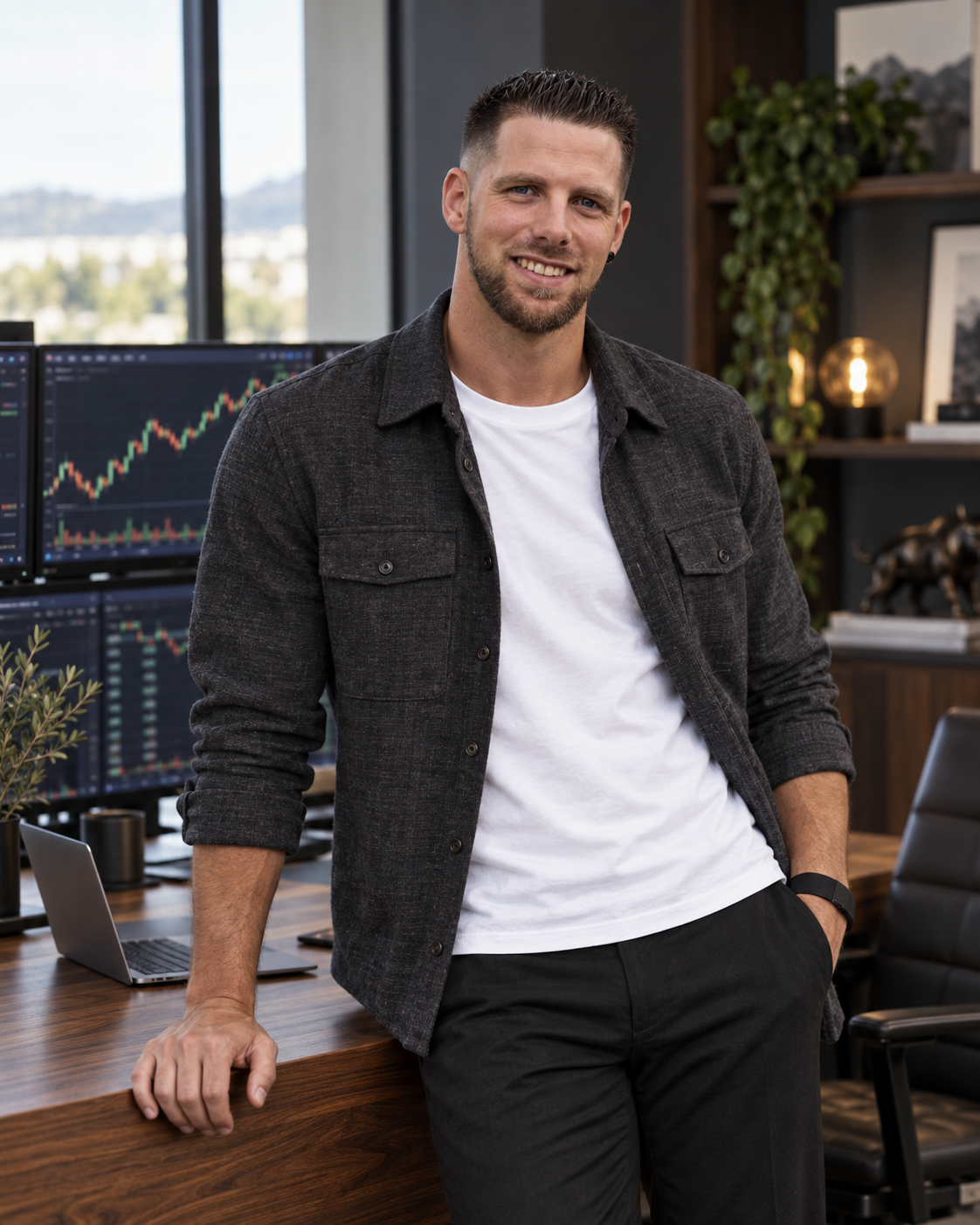 Markus Horch im weißen Shirt und dunklen Overshirt an seinem Trading-Arbeitsplatz